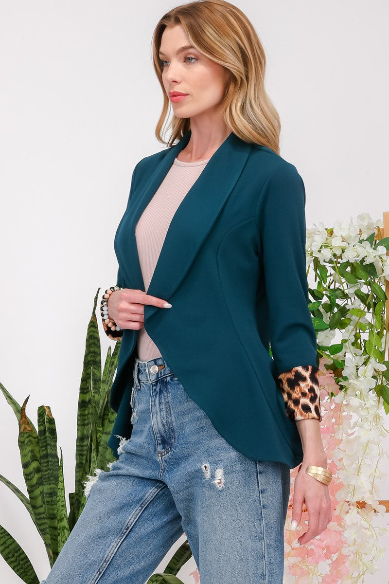 Celeste Polyester Blend Fashion Plus Full Size Rolled Leopard Cuff Open Front Blazer (Hunter Green)