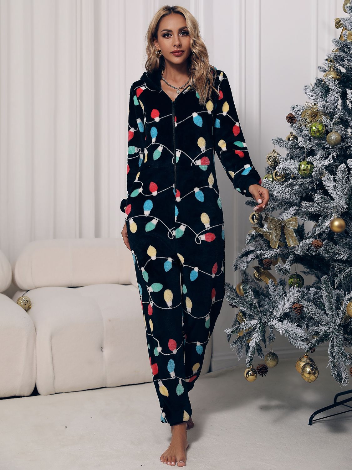 Our Best Zip Front Long Sleeve Pocket Detail Loungewear Jumpsuit (Black/Multicolor)