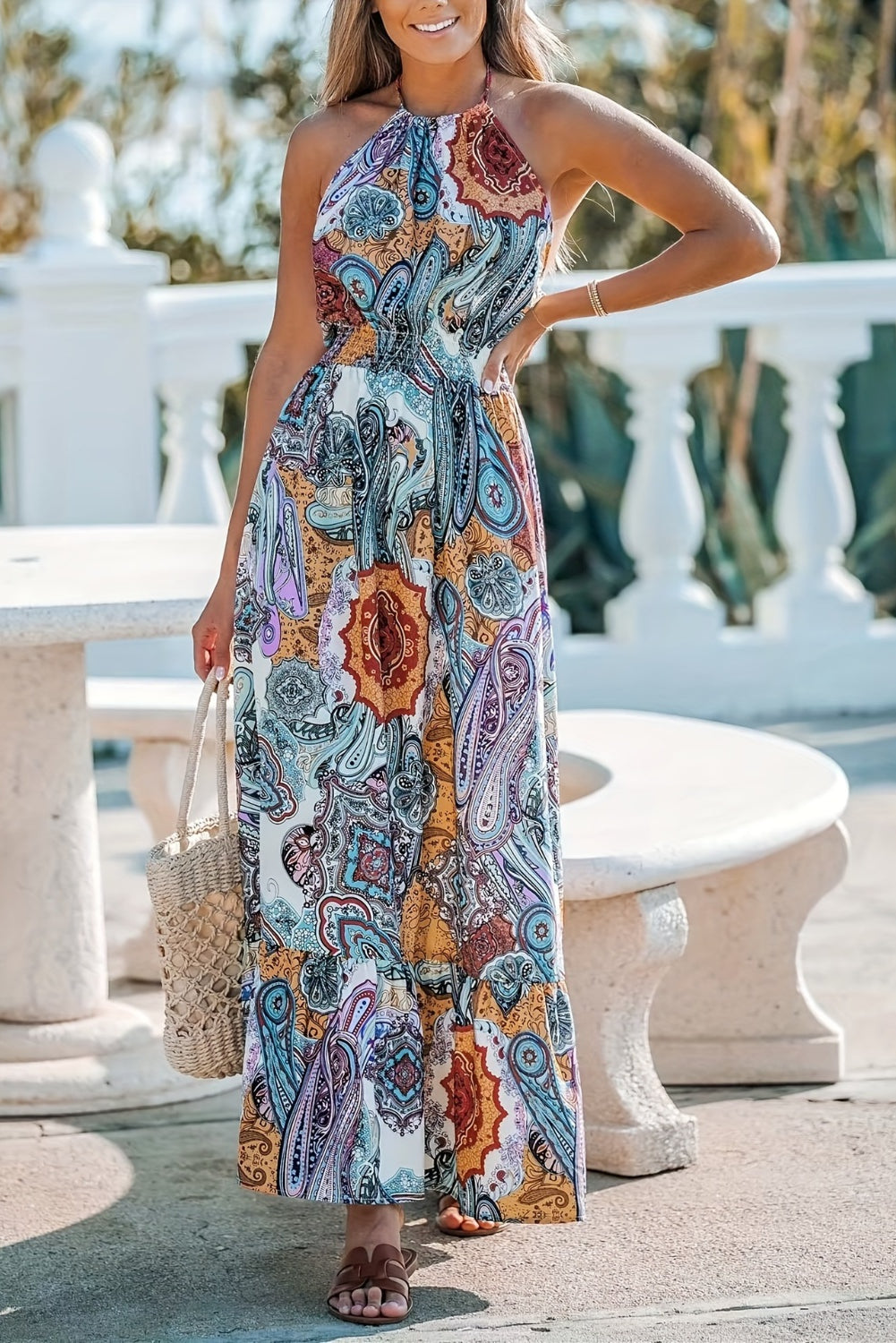 Our Best Polyester/Spandex Exotic Floral Print Halter Neck Maxi Dress (Pastel Blue)