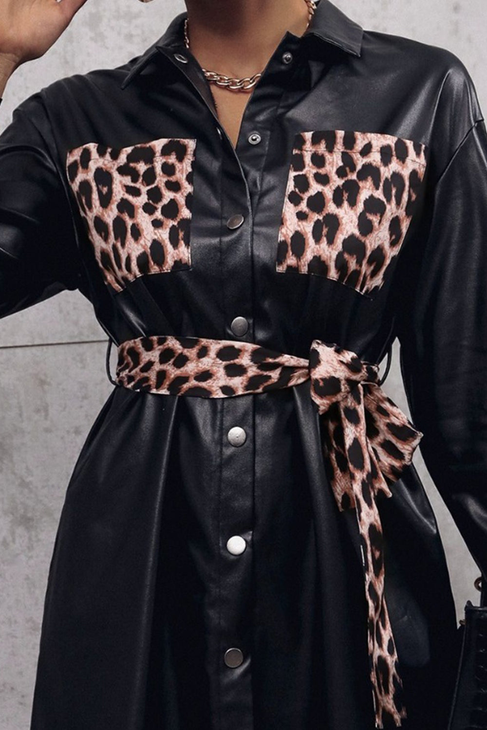 Ivy Lane 100% Polyester Fashion Plus PU Leather Leopard Trim Sash Belt Snap Button Detail Coat (Black)