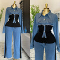 Two Piece Sets Women Pant Set Denim Splice Matching Sets Spring Top Wide Leg Long Pants Casual Loose Lace Up High Waist Jogger - treasures-4-u-2-day