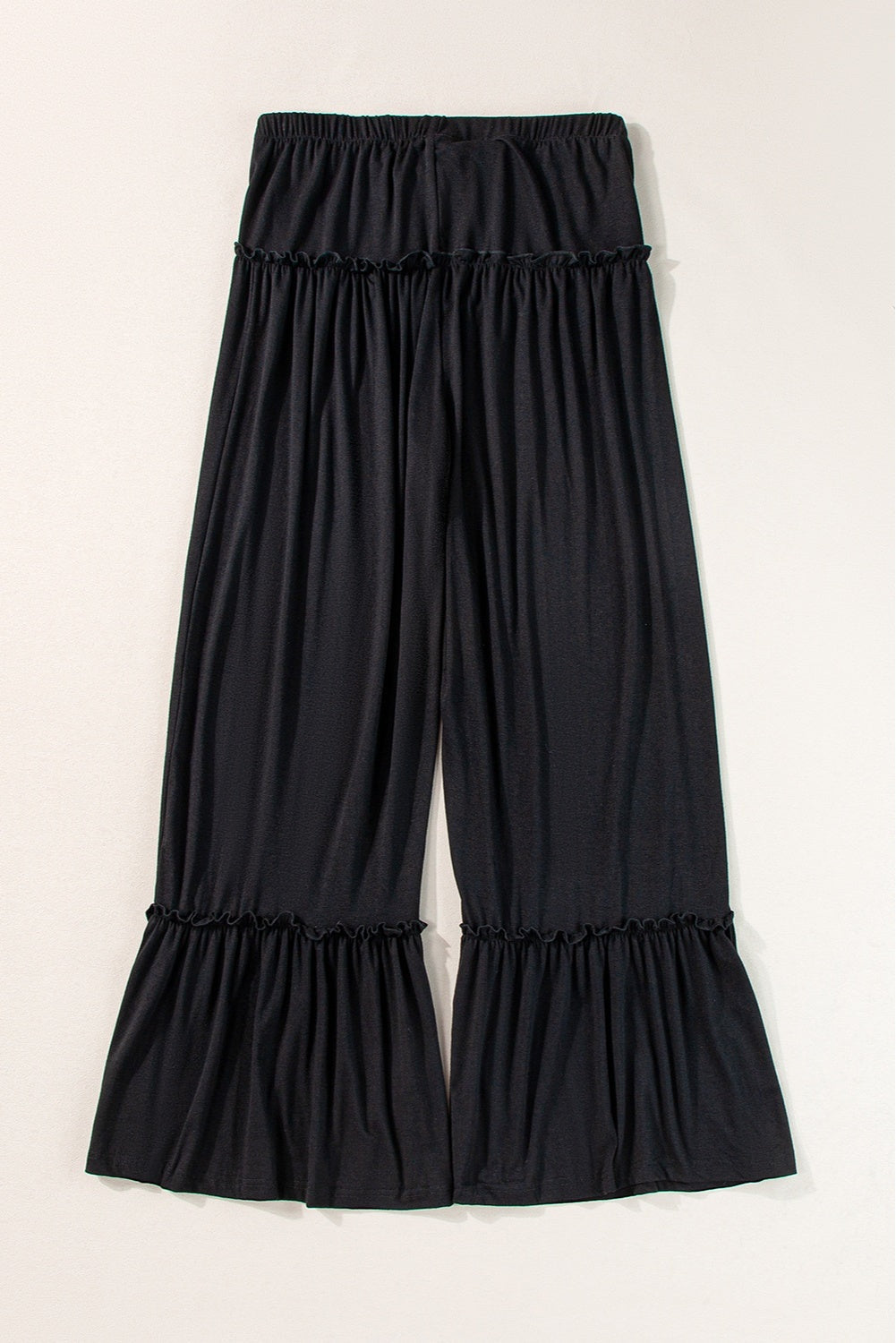 Our Best Polyester Blend Solid Color High Tie Waist Frill Ruched Bootcut Palazzo Pants (Black)