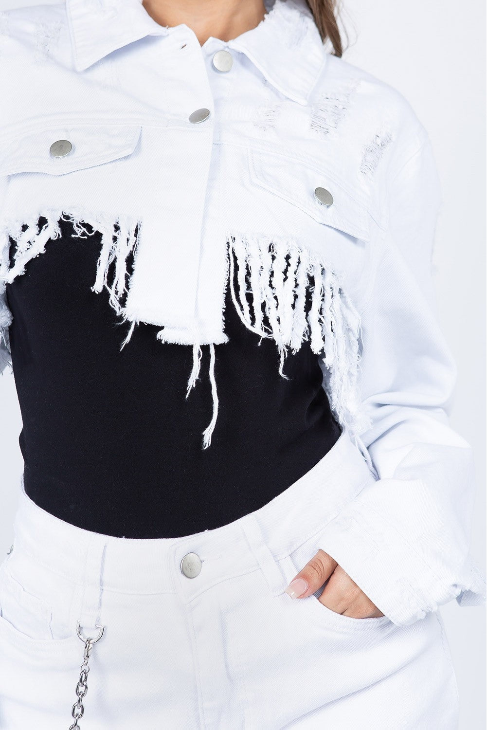 American Bazi 100% Cotton Distressed Denim Frayed Hem Crop Jacket (White)