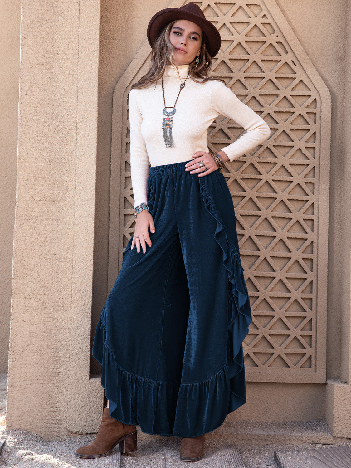 Our Best Polyester Blend Slit Ruffled Cool-n-Comfy Fashion Plus Maxi Pants (Dark Blue)