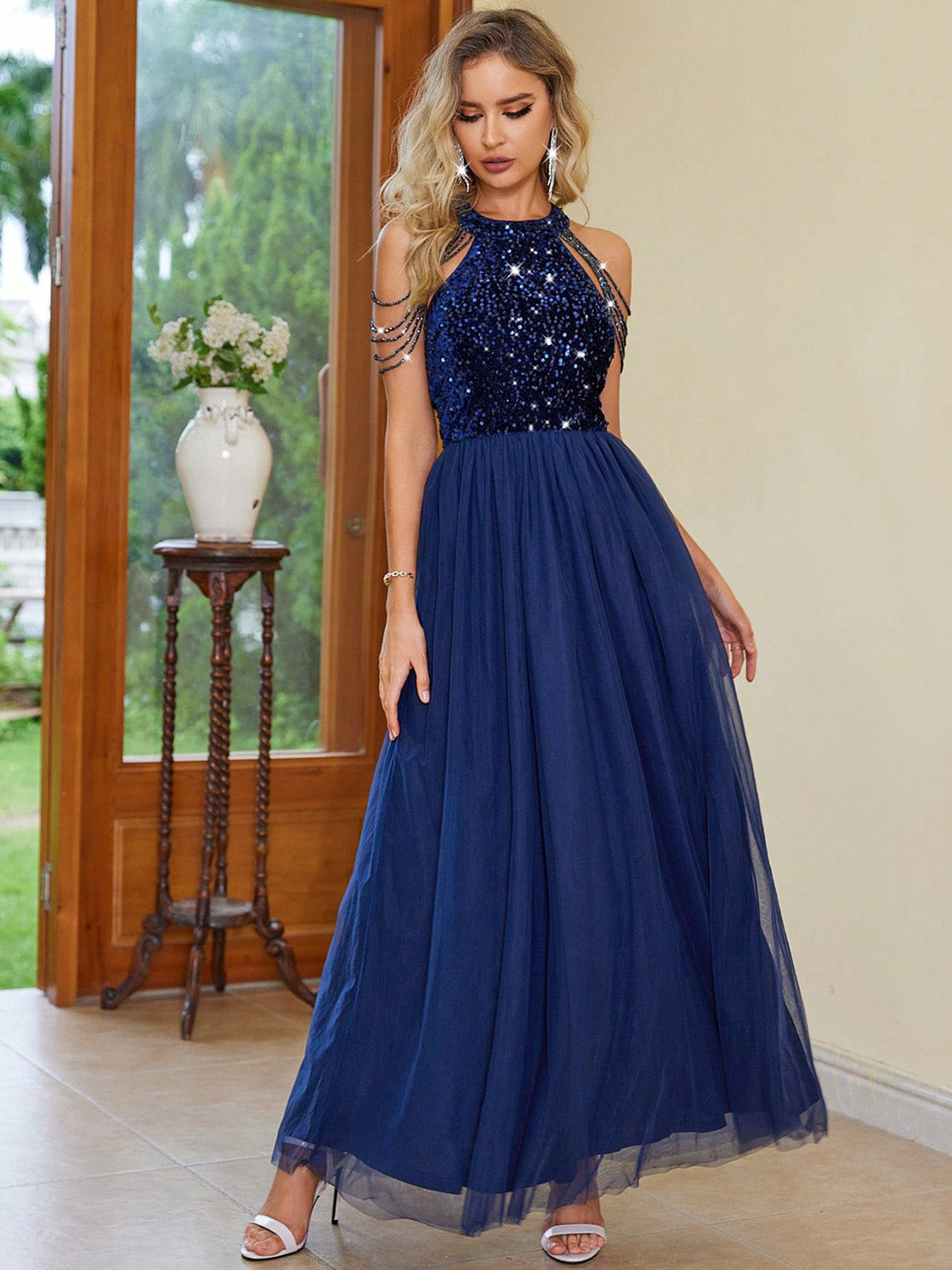 Our Best Polyester/Elastane Sequin Halter Neck Backless Formal Wear Maxi Dress (Dark Blue)