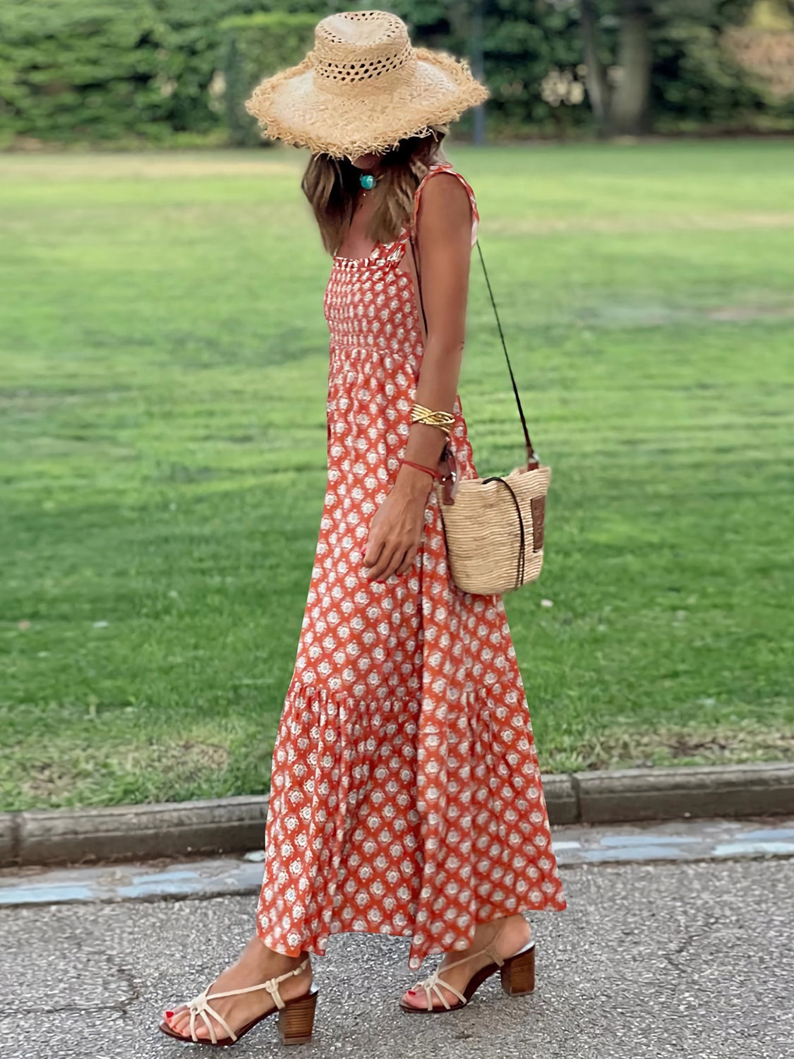 Smocked Printed Square Neck Sleeveless Dress