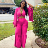 Casual Spring And Autumn For Women's Solid Color Long Sleeved Chest Wrap Top and Wide Leg Trousers Female Office 2 Piece Set