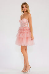 Juliet JT918A Dress Strapless Cocktail Leaf Lace Corset Bodice Ruffle Skirt