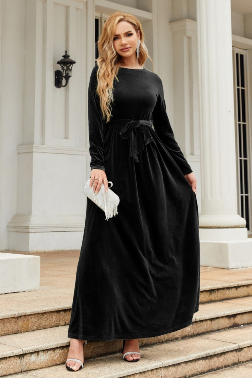 Tie Front Round Neck Long Sleeve Maxi Dress