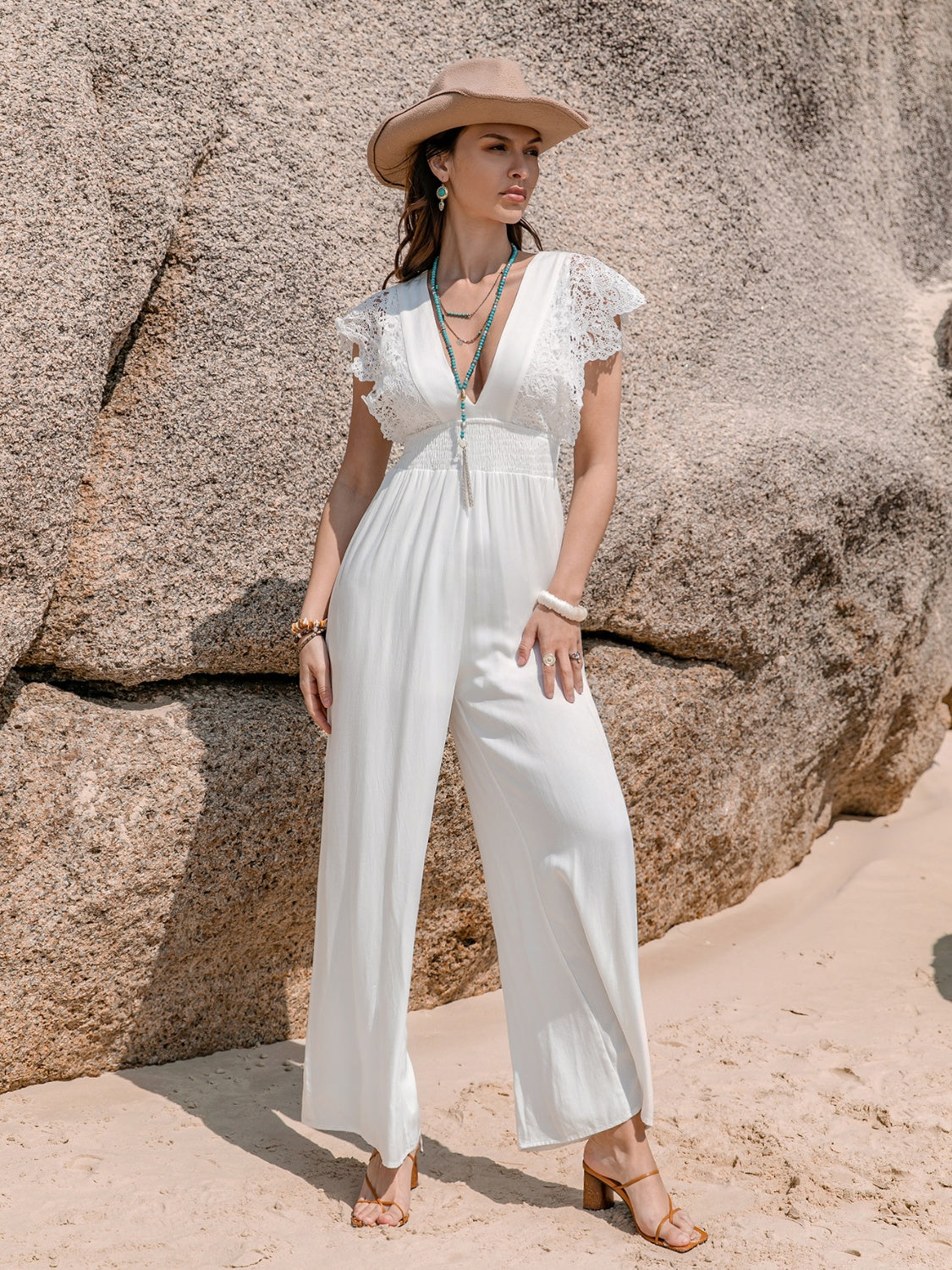 The Lilianna Lace 100% Viscose Scalloped Lace Deep-V Button Keyhole Cap Sleeve Jumpsuit (White)