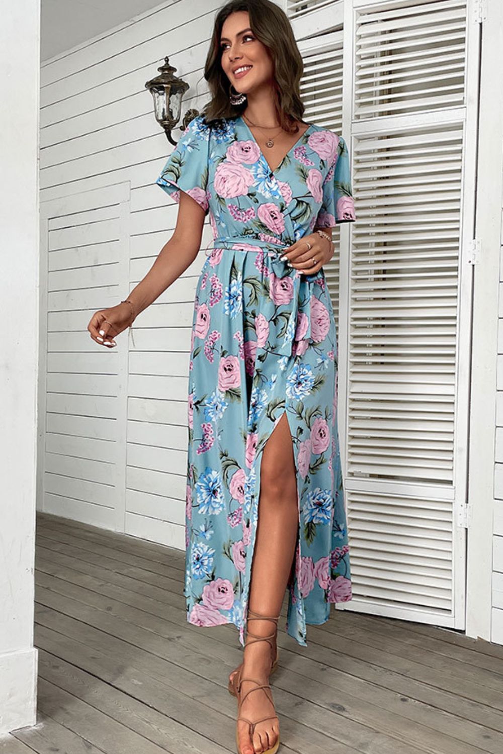 Perfee Floral Tie-Waist Slit Surplice Maxi Dress