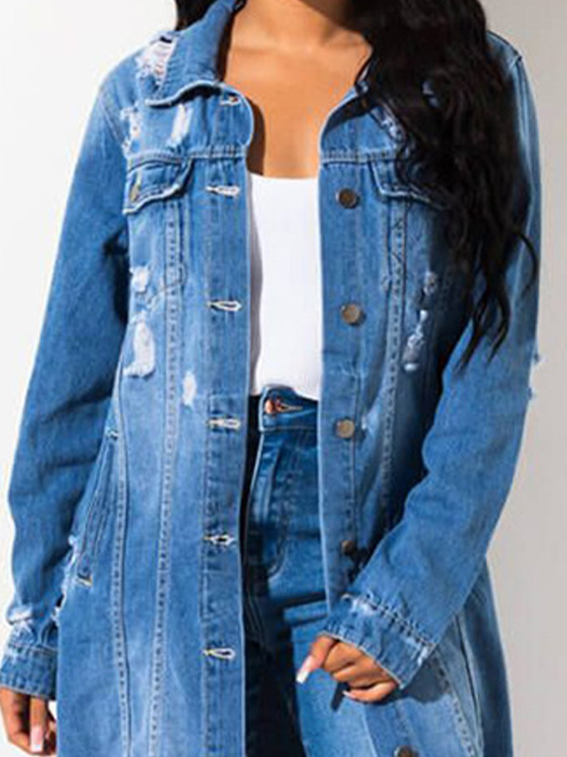 Our Best Cotton Blend Fashion Plus Long Sleeve Long Line Raw Hem Maxi Denim Jacket (Light/Medium)