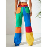 Distressed Color Patchwork Women Denim Pants Fringe High Waist Zipper Fly Jeans 2023 Fall Winter Y2K Streetwear Sexy Club Outfit