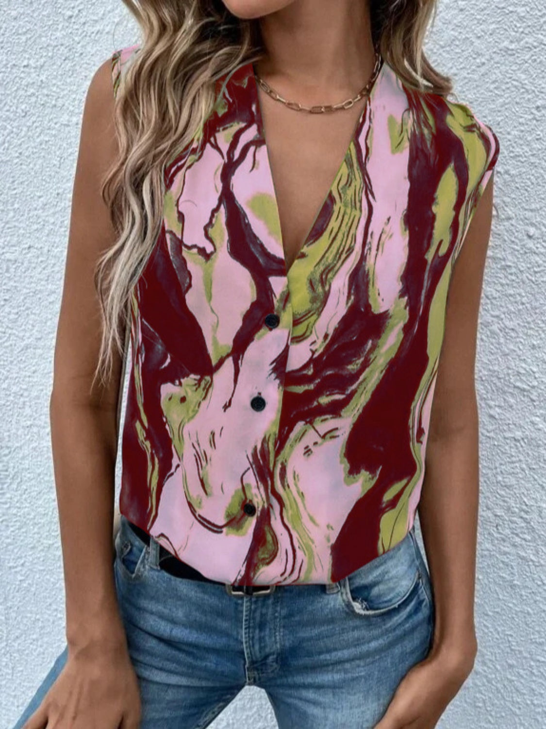 Fashion Plus 100% Polyester Sleeveless V-Neck Exotic Graphics Print Button Up Tank Top (Multicolors)