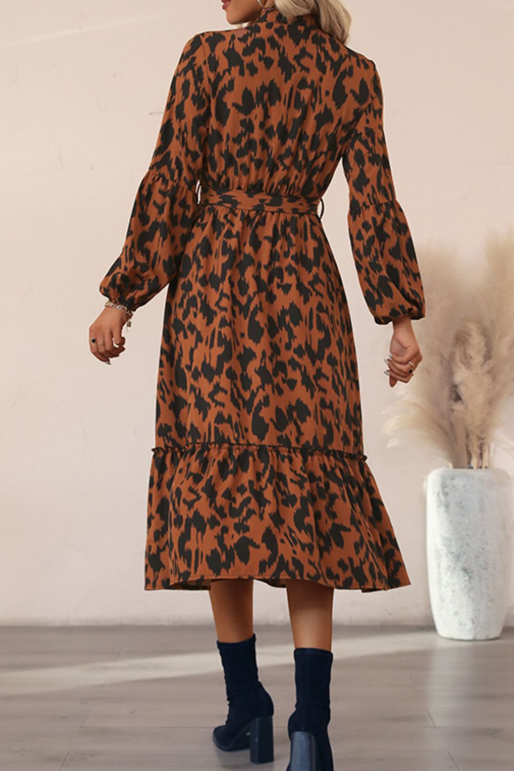 Perfee Printed Bubble Sleeve Buttoned Shirt Dress