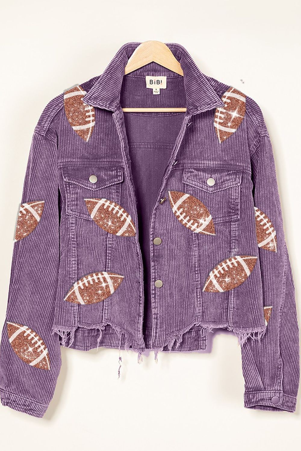 BiBi Football 100% Cotton Sequin Embroidery Washed Corduroy Distressed Mini Jacket (Vintage Violet)