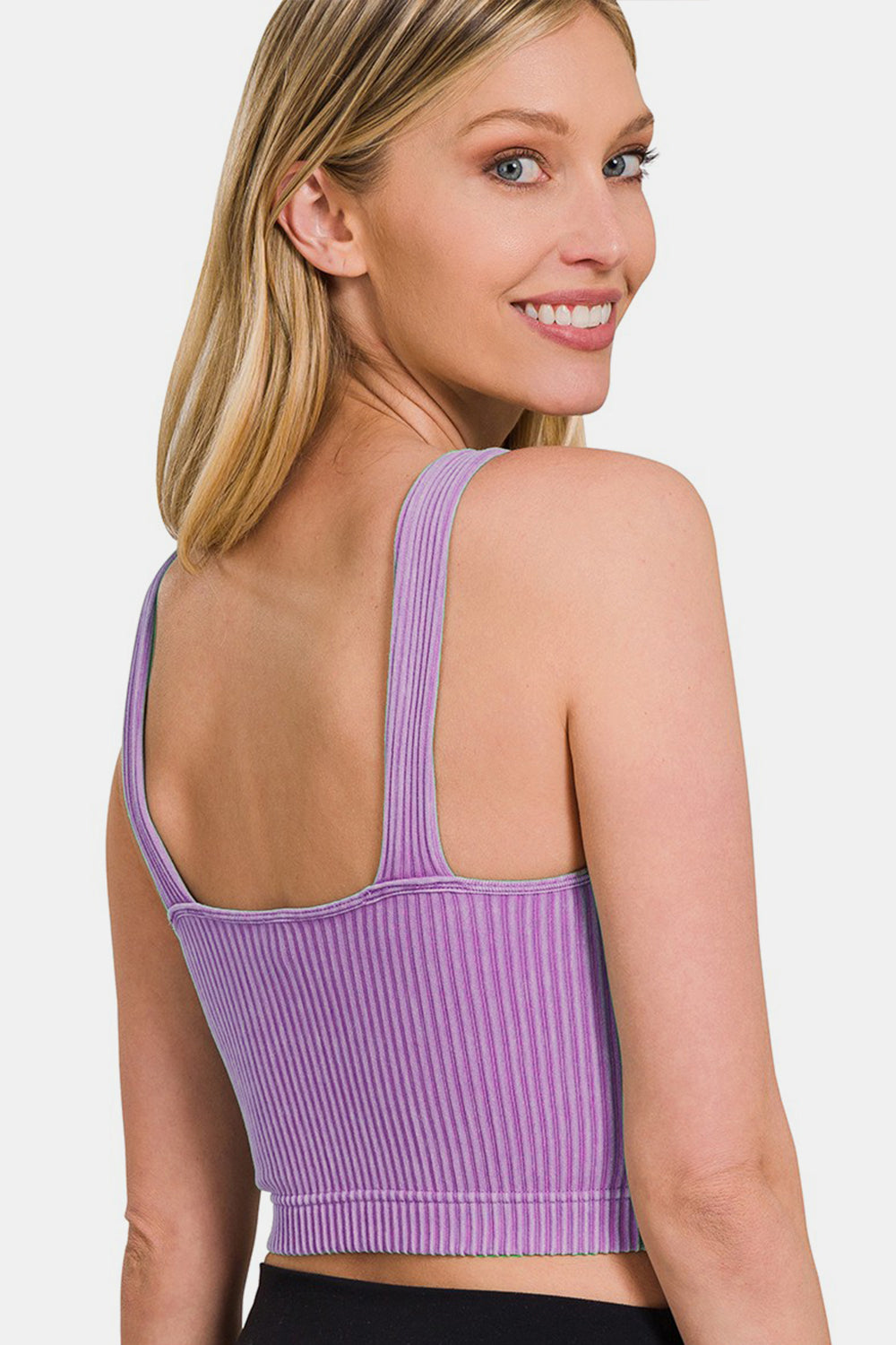 The Zenana 90% Nylon 10% Spandex Pre-Washed Ribbed Cropped Padded Bra Tank Top (Violet)