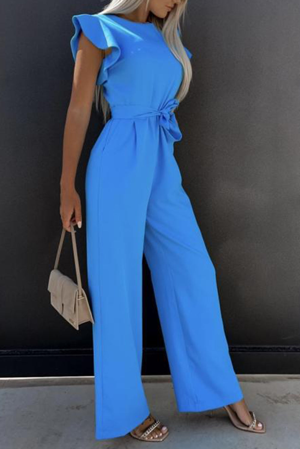 Fashion Plus Polyester/Spandex Cool-n-Comfy Round Neck Ruffled Cap Sleeve Detail Jumpsuit (Multicolor)