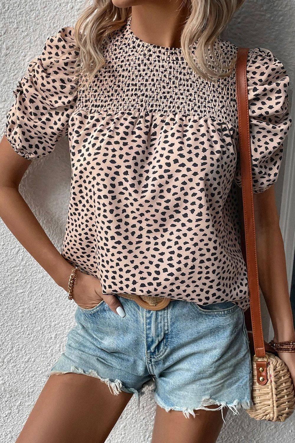 Samantha On Safari 100% Polyester Smocked Animal Print Puff Sleeve Blouse (Tan)