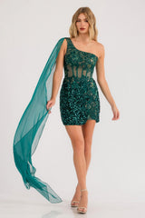 Juliet JT937R Dress One Shoulder Cape Sleeve Cocktail Sequin Gown
