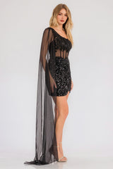 Juliet JT937R Dress One Shoulder Cape Sleeve Cocktail Sequin Gown