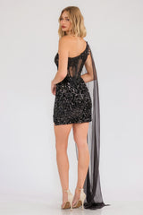 Juliet JT937R Dress One Shoulder Cape Sleeve Cocktail Sequin Gown