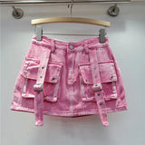 Retro Pink Large Pocket Denim Suit Spring Summer Sleeveless Short Vest High Waist Hip Wrapped Skirt 2 Pieces Sets Women Outfits - treasures-4-u-2-day