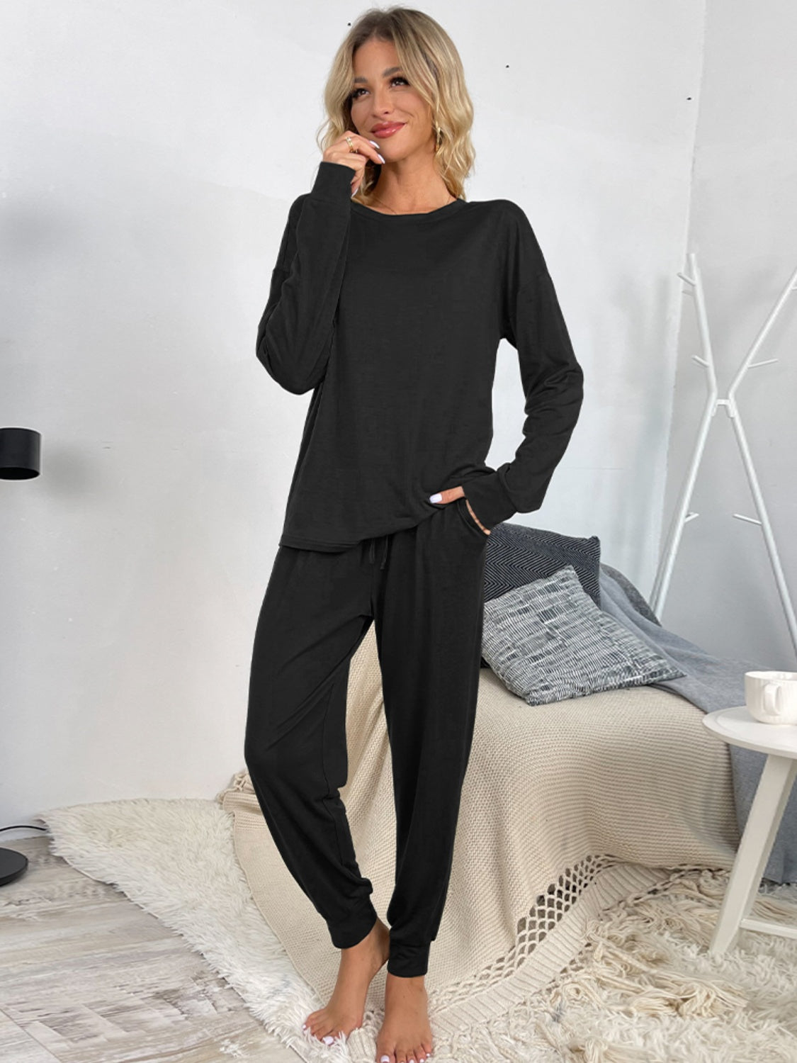 Our Best Polyester Blend Long Sleeve Top and Drawstring Waist Joggers Two Piece Lounge Set (Multicolor)