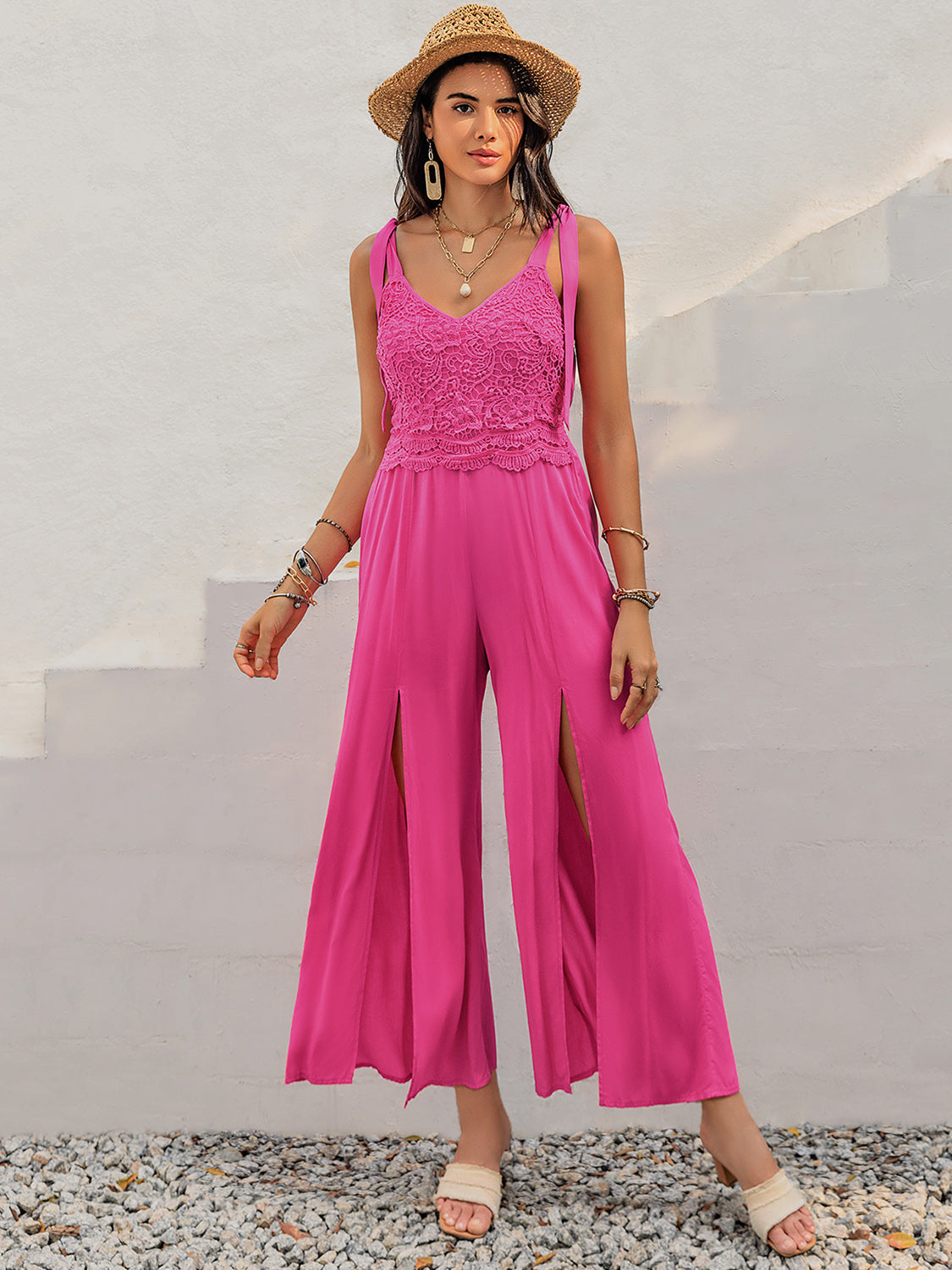 Our Best 100% Viscose V-Neck Lace Bodice Wide Shoulder Straps Slit Detail Jumpsuit (Hot Pink)