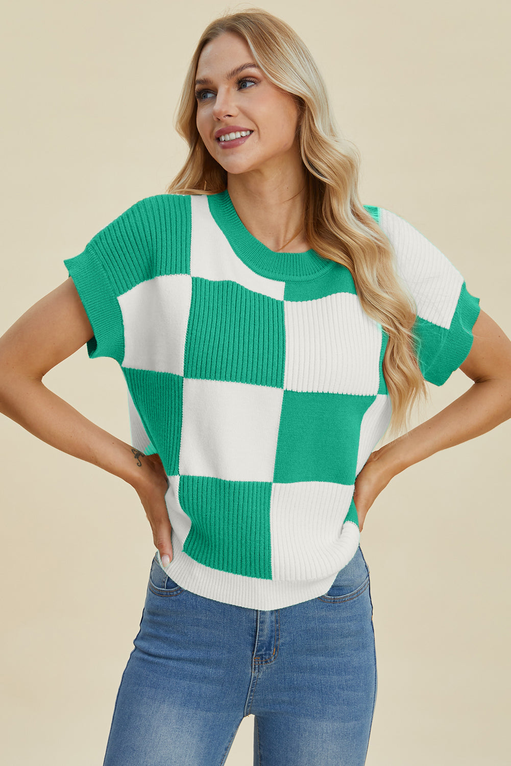 Double Take Full Size Checkered Round Neck Short Sleeve Sweater