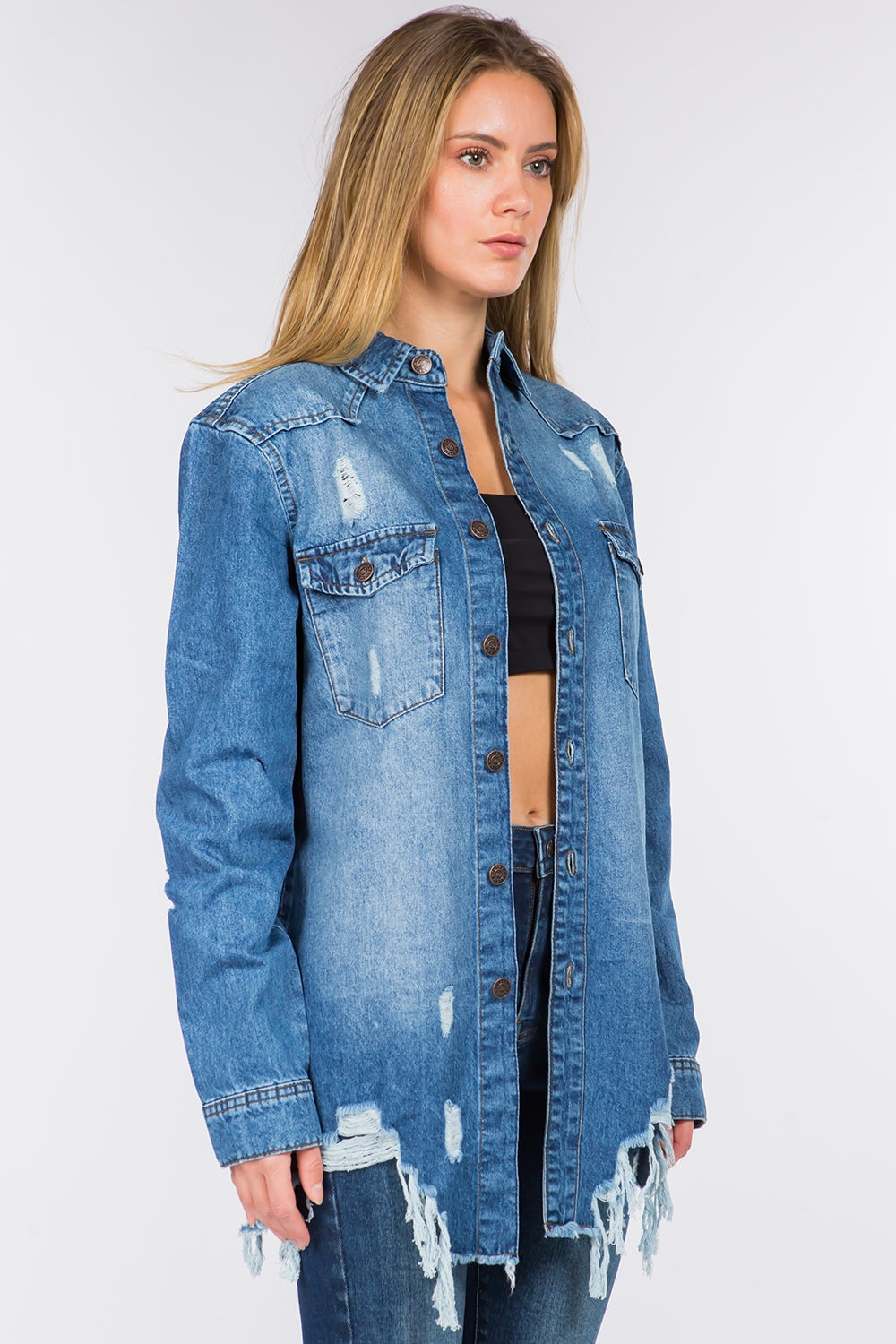 American Bazi 100% Cotton Button-Up Distressed Denim Frayed Jacket (Blue)