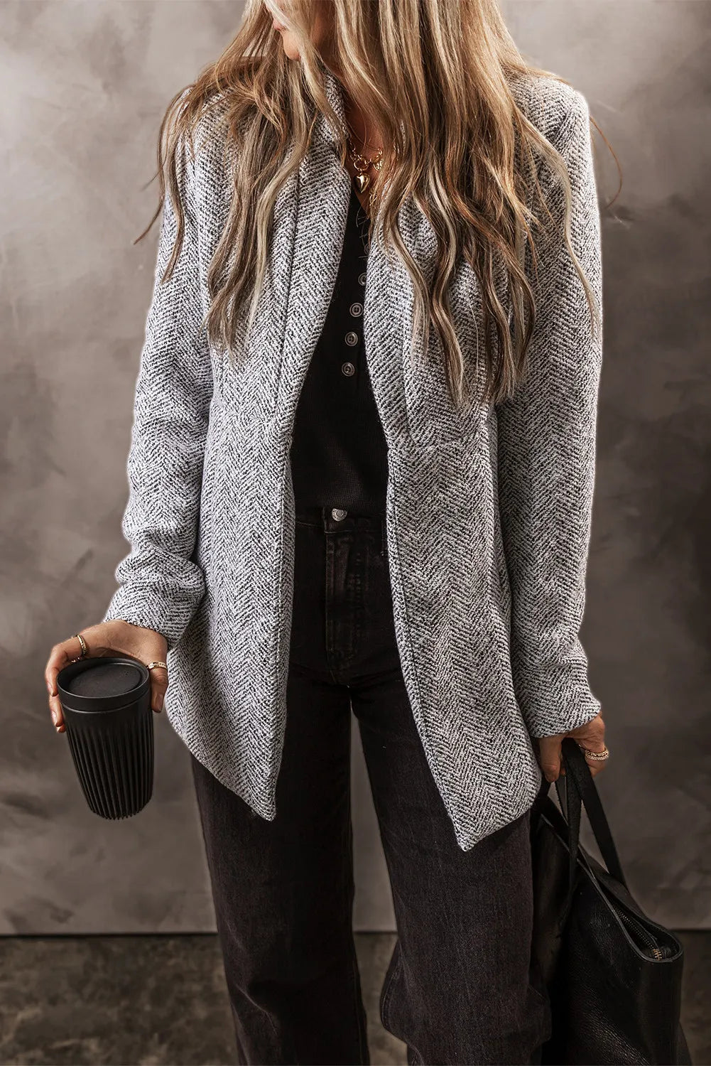 Fashion Plus 100% Polyester Open Front Buttonless Slit Pocket Long Sleeve Houndstooth Jacket (Light Gray)