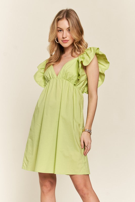 ADORA - 100% Cotton Smocked Back Ruffled Cap Sleeve Babydoll Mini Dress (Lime)