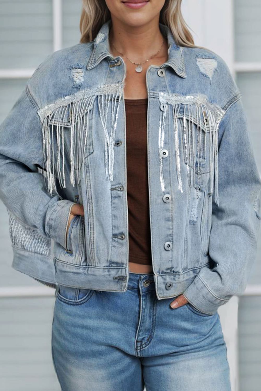 Damsel In Distressed Cotton Blend Sequin Fringe Trim Distressed Button-Up Denim Jacket (Medium Denim)