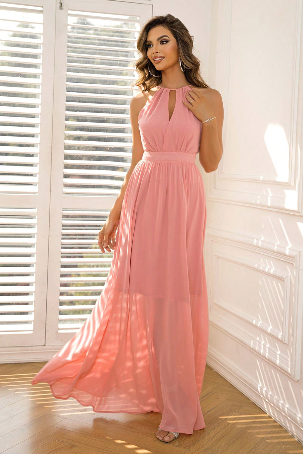 Our Best 100% Polyester Opaque Ruched Collar Tie Detail Sleeveless Formal Wear Maxi Dress (Coral)