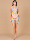 Floral Beaded Cocktail Fringe Dress