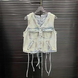 WTHT Vintage 2025 Summer Women's Bandage Single-breasted Denim Vest Fashion High-waisted Loose Wide Leg Jeans Female 1LS1482 - treasures-4-u-2-day