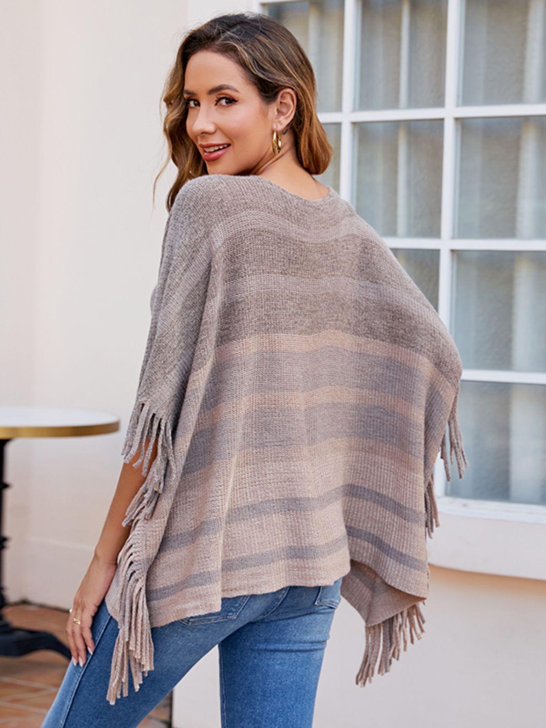 Monah Paloma 100% Polyester Pretty-n-Plush Stripe Boat Neck Fringe Detail Poncho (Multicolor)