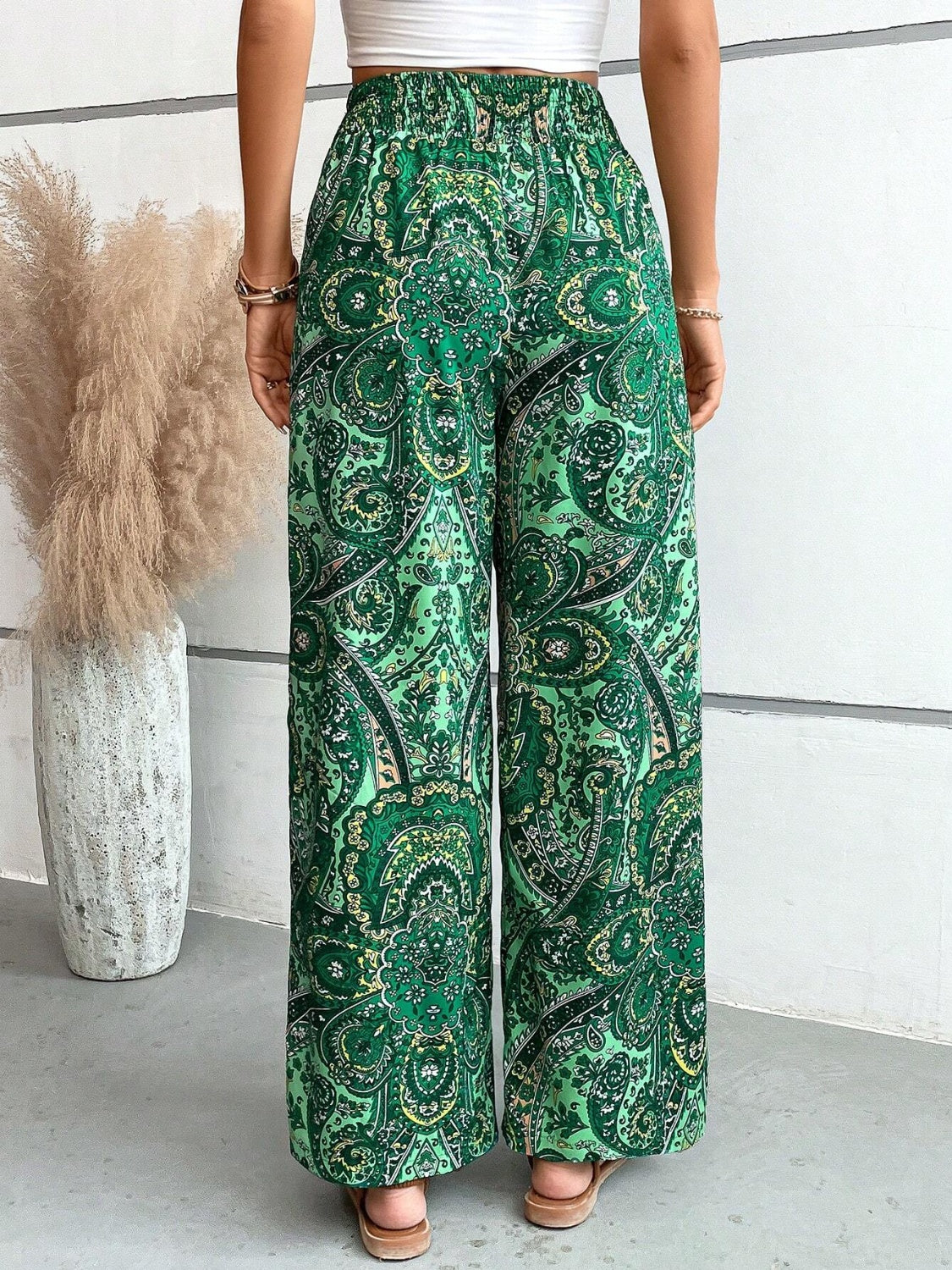 Our Best 100% Polyester Paisley Print Drawstring Waist Wide Leg Palazzo Pants (Multicolor)