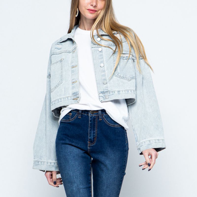 Damsel In Distressed Cotton Blend Fashion Plus Distressed Collared Neck Dropped Shoulder Crop Denim Jacket (Multicolor)