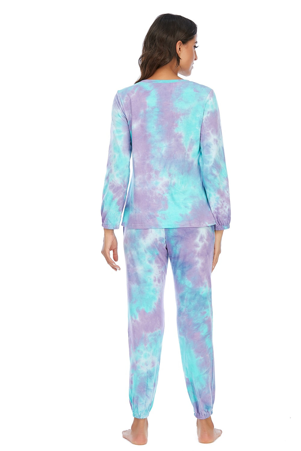 Tyra Tie-dye Rayon/Spandex Blend Drawsting Waist Top and Pants Two Piece Lounge Set (Multicolor)