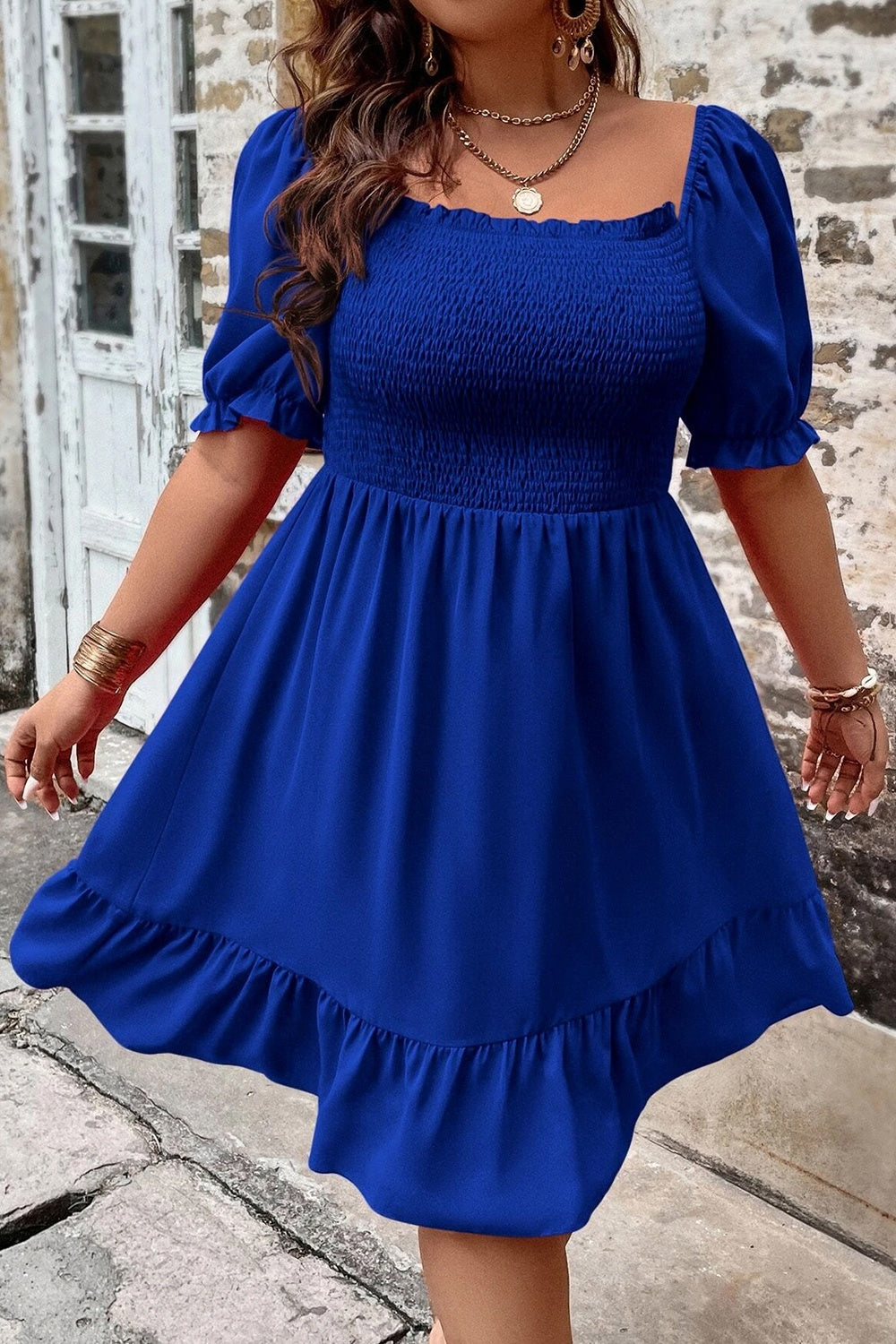 Plus Size Lovely Ladies 100% Polyester Fashion Plus Smocked Square Neck Short Sleeve Midi Dress (Royal Blue)