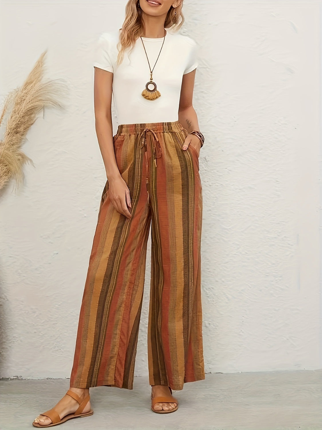 Our Best Polyester/Spandex Cool-n-Comfy Striped Drawstring Waist Wide Flare Pants (Mustard)