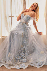 Andrea & Leo A1246 Long Off the Shoulder Floral Applique Tulle Ball Gown