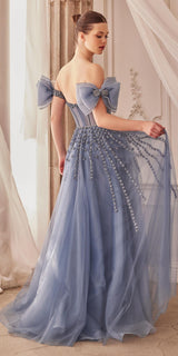 Andrea & Leo A1338 Long Strapless Beaded Gown with Bow Arm Bands