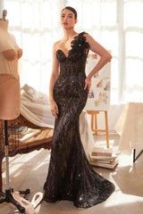 Andrea & Leo A1392 Dress One Shoulder Fully Beaded Floral Motif Gown