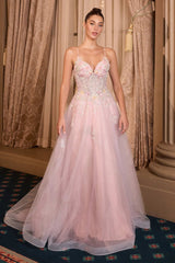 Andrea & Leo A1477 Deep V-Neck Floral Print Applique A-Line Ball Gown