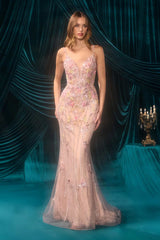 Andrea & Leo A1500 Plunging Neckline Floral Applique Fitted Formal Gown