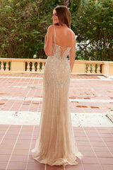 Nox Anabel A1586 Sheer Boned Waistline Fully Beaded Lace up Dress