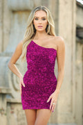 The Aria One Shoulder Sequin Cocktail Party Mini (Fuchsia)
